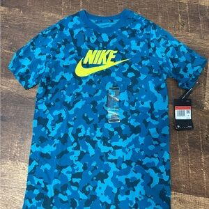 Nike Men’s Blue Camo Tee with Neon Yellow Swoosh